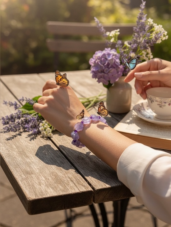 Jewelry - Amethyst Flower Bead Stretch Bracelet-NWOT